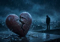 Broken heart with crack on dark rainy night background