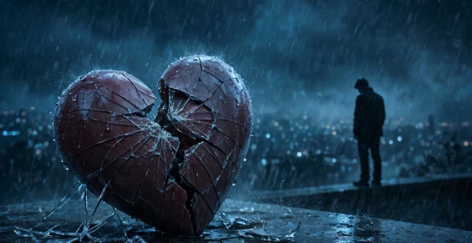 Broken heart with crack on dark rainy night background