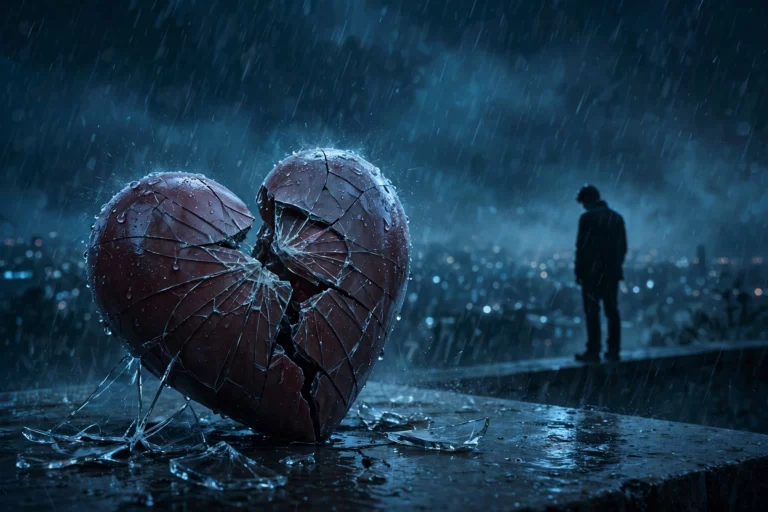Broken heart with crack on dark rainy night background