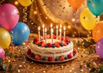 Happy birthday celebration with cake balloons and confetti