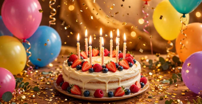 Happy birthday celebration with cake balloons and confetti