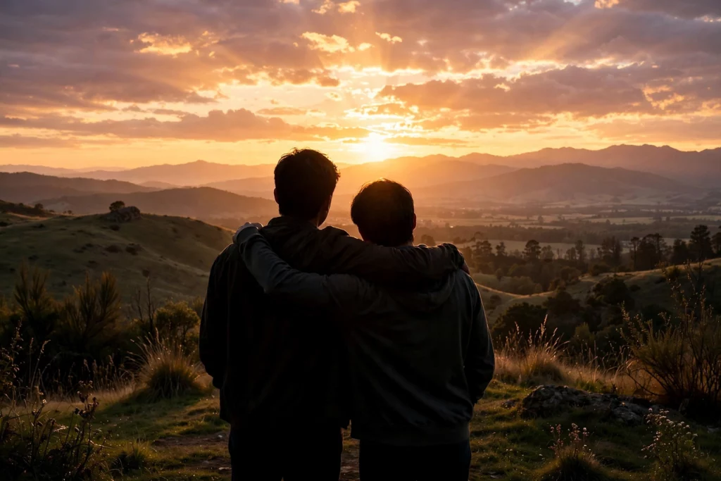 Two friends silhouettes watching sunset together