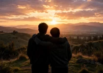 Two friends silhouettes watching sunset together