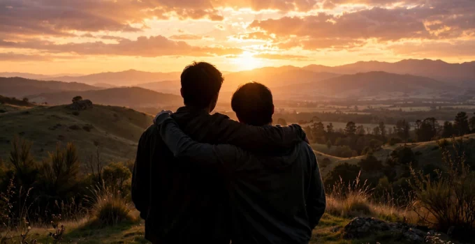 Two friends silhouettes watching sunset together
