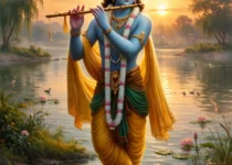 Lord Krishna playing flute at sunset with peacock feather