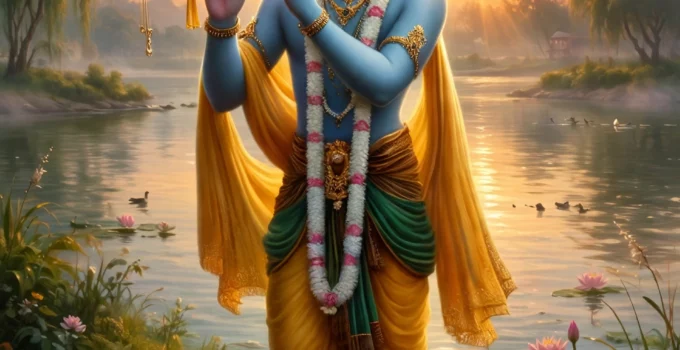 Lord Krishna playing flute at sunset with peacock feather