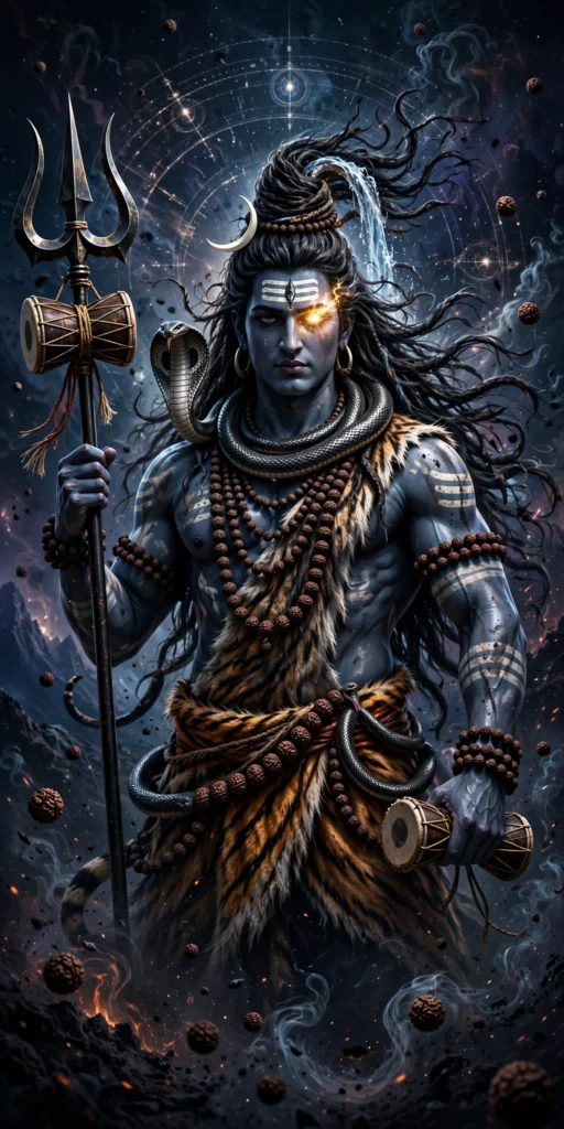Lord Shiva Mahakal with trishul and damru cosmic background