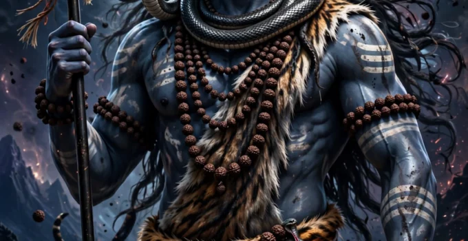 Lord Shiva Mahakal with trishul and damru cosmic background